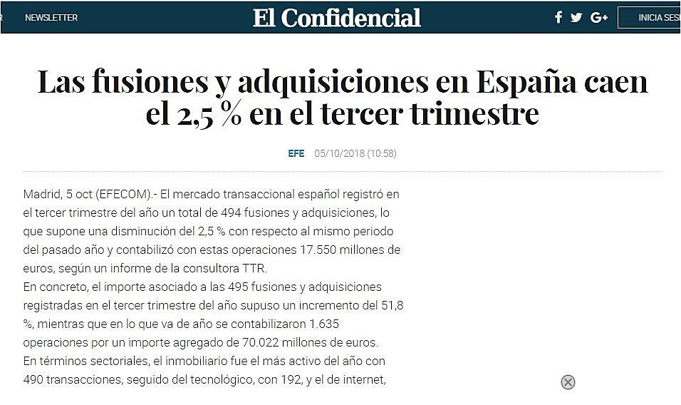 Las fusiones y adquisiciones en Espaa caen el 2,5 % en el tercer trimestre